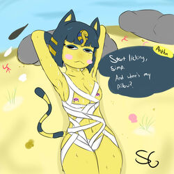 2020 animal_crossing ankha armpits beach blue_hair breasts cat_ears dialogue feline furry nintendo nipples pierced_nipples scribblygumbo self_upload sunbathing tail thick_thighs thighs wrappings yellow_fur