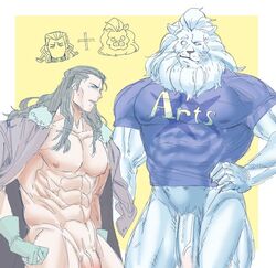 2boys bara cape eyes fate/grand_order fate_(series) fur furry furry_and_homan furry_ears grey_hair human interspecies lion male male_only mane muscles muscular muscular_male nikola_tesla_(fate) nipples shirt thomas_edison_(fate) toranjista white_fur yellow_background