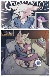 anthro arctic_fox bed bedroom bodily_fluids canid canine clothing comic cuddling duo fox furniture fuzzy genitals hi_res ill male male/male mammal moon mothandpodiatrist penis python reptile saliva scalie snake sneeze speech_bubble sweater tissue_box tissues topwear