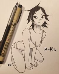 1girls all_fours asian asian_female black_eyes black_hair bra breasts cleavage collarbone female female_only gorillaz handdrawn harrisartz noodle_(gorillaz) panties short_hair solo solo_focus