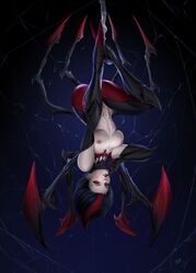 1girls arachnid breasts elise_kythera_zaavan felox08 female female_focus female_only league_of_legends looking_at_viewer monster_girl multicolored_hair navel nipples partially_clothed pubic_tattoo realistic red_eyes riot_games solo solo_female solo_focus spider spider_girl sехual tattoo upside-down web