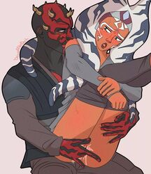 1boy 1girls ahsoka_tano alien blue_eyes blush clothed_male darth_maul dewiiafterdark female fingering fingering_partner half-closed_eyes headband hetero interspecies legs_up male medium_breasts on_lap open_mouth orange_skin pants pants_down partially_clothed partially_clothed_female pussy pussy_juice simple_background sitting sitting_on_lap star_wars star_wars_rebels straight sweat togruta vagina vaginal_fingering zabrak