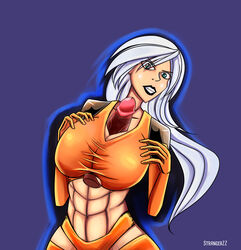 abs angry_face big_breasts breasts dark-skinned_male drew_saturday female huge_breasts paizuri partial_male penis strangerzz the_secret_saturdays white_hair