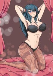 1girls armpits bare_midriff bedroom big_breasts blue_eyes blue_hair byleth_(fire_emblem) byleth_(fire_emblem)_(female) female female_only fire_emblem fire_emblem:_three_houses leggings long_hair nintendo nipples on_bed skye_borough solo solo_female solo_focus teal_hair thick_thighs