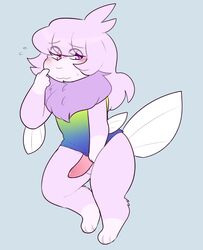 2019 anthro balls_slip blush boner chest_fur chest_tuft commission commission_art erection exposed_penis eyes_visible_through_hair fari fari_(species) fins flippers flustered furry furry_only kirby_(pupom) knot looking_away male_only marbelle original_character penis penis_out penis_under_swimsuit pink_fur pointing_at_self precum purple_eyes purple_fur simple_background sweatdrop swimsuit_pull swimwear thighs two_tone_fur