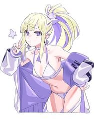 bikini_top blonde_hair choker earrings hair_tie hand_on_hip jacket looking_at_viewer michihasu original original_character pale-skinned_female pale_skin peace_sign ponytail purple_eyes purple_hair streaked_hair