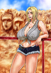 1girls armpits big_breasts blonde_hair breasts cleavage covered_erect_nipples denim_shorts facial_mark female female_focus female_only forehead_mark huge_breasts kazuki_kotobuki nail_polish naruto naruto_shippuden nipples orange_eyes outdoors plump short_shorts shorts sky solo sweat tsunade