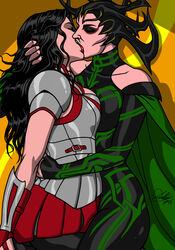 2girls arm_at_side armor asgardian bare_shoulders black_bodysuit black_hair bodysuit cape closed_eyes collarbone couple duo eyes_closed female female/female female_only female_warrior fully_clothed green_cape green_lipstick hela hug hugging human human_only kaywest kiss_on_lips kissing lady_sif lesbian light-skinned_female light_skin lips long_hair makeup marvel marvel_cinematic_universe mature mature_female miniskirt multiple_females multiple_girls mutual_yuri pleated_skirt red_lipstick red_skirt sensual skirt standing thor:_ragnarok thor_(series) voluptuous voluptuous_female yuri