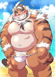 2020 anthro ayame42612 belly blush bulge clothing felid genitals hi_res hombretigre humanoid_hands kemono male male_only mammal moobs nipples outside overweight overweight_anthro overweight_male pantherine penis pubes solo swimwear tiger tokyo_afterschool_summoners video_games