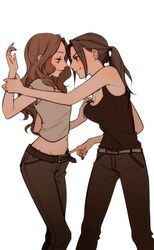 2girls belt breast_grab breasts brown_hair clothed lesbian long_hair looking_at_another nikigo_nuno original pants ponytail seductive seductive_look seductive_smile sleeveless_shirt tagme they_had_lots_of_sex_afterwards tomboy yuri