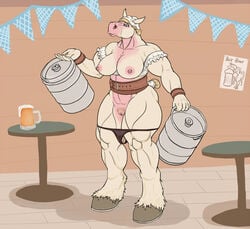 alcohol anthro beer beermaid beverage bodily_fluids clitoris clothing english_text equid equine erect_nipples female genitals hi_res horse keg mammal muscular muscular_female nipples oktoberfest pubes pussy snakedakyoot solo sweat text tracht wardrobe_malfunction