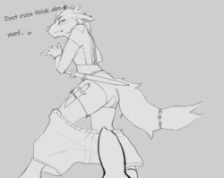 anthro blush canid canine clothing corset ear_piercing fingerless_gloves genitals gloves handwear herrmoki knife lingerie lying male male/male mammal melee_weapon monochrome on_side pants_around_ankles penis piercing sketch sword topwear weapon