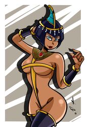 1girls black_hair blue_eyes bob_cut bracelet breasts dark-skinned_female dark_skin egyptian eliza_(skullgirls) female frankaraya grey_background hips lipstick looking_at_viewer mostly_nude nails pose short_hair skullgirls solo thighhighs tiara white_background