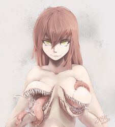 body_horror breast_mouth breasts claws creepy gaping_mouth holding_breasts horror large_breasts long_hair long_tongue mouth_open multi_mouth multi_tongue no_nipples red_hair saliva smile tagme teeth tongue wide_mouth yellow_eyes zraxi