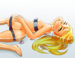 ass_cleavage ass_cleavage_tanline blonde_hair blush bridgette_(tdi) butt_crack dzyer feet green_eyes hand_on_ass looking_at_viewer looking_back smile swimsuit tanline tanlines tanned tight_clothing total_drama_island water