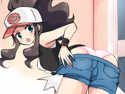 1girls 2010s 2013 armpits ass bare_shoulders baseball_cap bent_over blue_eyes blush breasts brown_hair cap chro clothing exposed_panties female female_only hat hilda_(pokemon) human human_only indoors jean_shorts long_hair long_ponytail looking_back medium_breasts nintendo open_clothes open_mouth open_shirt panties pink_panties pokemon pokemon_bw ponytail short_shorts shorts shorts_down shorts_pull solo tank_top thighs tomboy underwear undressing wristband