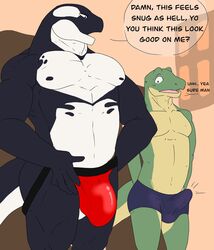 anthro ball_size_difference balls big_bulge bulge cetacean clothing delphinoid dialogue duo english_text erection erection_under_clothing genital_outline genitals hi_res huge_bulge jockstrap lizard male male_only mammal marine midnightsultry muscular muscular_male oceanic_dolphin orca penis penis_outline penis_size_difference reptile scalie size_difference tagme text tight_clothing tight_underwear toothed_whale underwear