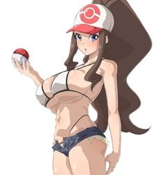 1girls aged_up big_breasts blue_eyes bra breasts brown_hair cowboy_shot denim_shorts female_only game_freak hat hilda_(pokemon) holding_poke_ball hotpants human large_breasts looking_at_viewer midriff nanashi_maru navel nintendo pale-skinned_female pale_skin pokemon pokemon_bw ponytail shorts sidelocks skimpy_clothes thong white_background