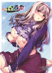 blush breast_hold breasts bukkake cum cum_on_body cum_on_breasts cum_on_clothes cum_on_hair cum_on_upper_body facial female hairband highres idolmaster idolmaster_(classic) large_breasts long_hair looking_at_viewer nipples open_mouth ouma_tokiichi photoshop_(medium) purple_eyes shijou_takane shirt_lift silver_hair solo