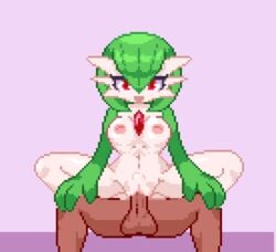 1boy 1girls animated areolae big_breasts bouncing_breasts breasts dark-skinned_male dark_skin female front_view game_freak gardevoir gif green_hair human human_on_humanoid humanoid interspecies loop male male_human/female_humanoid male_human/female_pokemon nintendo nipples noscium on_top penis pixel_art pokémon_(species) pokemon pokemon_(species) pussy red_eyes reverse_cowgirl_position sex smile straight uncensored vaginal_penetration