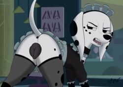 101_dalmatian_street 101_dalmatians 1girls absurd_res animal_genitalia animal_pussy anus bent_over canid canine canine_pussy canis clothed clothed_feral clothing dalmatian disney dolly_(101_dalmatians) domestic_dog female feral frommarstomercury frown genitals hi_res looking_back maid_uniform mammal open_mouth pussy raised_tail solo teeth tongue uniform