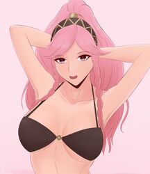 armpits arms_behind_head big_breasts black_bra black_underwear braids dancer fire_emblem fire_emblem_awakening large_breasts olivia_(fire_emblem) pink_eyes pink_hair smgold