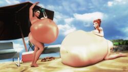 2girls 3d beach belly big_belly breasts brigitte dark-skinned_female dark_skin female female_only huge_belly indian nipples overwatch pestilad symmetra vore