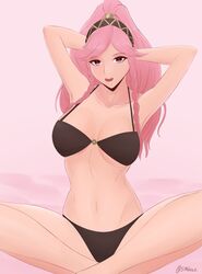 1girls armpits arms_behind_head artist_signature big_breasts black_bra black_panties black_underwear bra braids breasts clothing crossed_legs dancer female fire_emblem fire_emblem_awakening large_breasts long_hair matching_underwear midriff nintendo olivia_(fire_emblem) open_mouth panties pink_eyes pink_hair smgold smile spread_legs