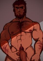 1boy abs bara beard body_hair chest chest_hair facial_hair fate/grand_order fate/zero fate_(series) flaccid highres iskandar_(fate) male_focus male_only manly muscle nipples nude pectorals penis red_eyes red_hair ruslorc shaded_face simple_background sketch solo thighs