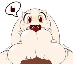 :3 anthro big_breasts bodily_fluids breasts candy chocolate duo female food genital_fluids genitals k--10 lagomorph leporid male mammal nude paizuri penile penis rabbit sex simple_background straight titjob unusual_precum white_background