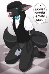 anthro black_body black_clothing black_fur black_hair black_pawpads black_tail black_text bottomless canid canine canis chastity_cage chastity_device clothed clothing english_text fangs fur genitals hair hi_res kneeling looking_at_viewer male mammal morhlis pawpads penis solo solo_male speech_bubble submissive submissive_male text tongue topwear vest white_clothing white_topwear wolf