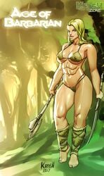 abs age_of_barbarian axe barefoot big_lips bikini blonde_hair blue_eyes breasts cleavage female kras krashzone lips muscles muscular_female solo sword thong weapon