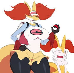 2018 backpack big_breasts black_pantyhose braixen camelas canid clothed delphox fox_ears fox_tail furry nintendo nose pantyhose pokémon_(species) pokeball pokemon pokemon_(species) pokemon_bw2 red_eyes red_fur red_nose rosa_(pokemon)_(cosplay) skirt sssonic2 visible_nipples white_background white_fur yellow_fur yellow_skirt