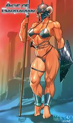 abs age_of_barbarian barefoot big_lips bikini_armor breasts female green_eyes helmet kras krashzone legs lips muscles muscular muscular_female navel shield solo spear thick_thighs thong warrior weapon