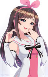 1girls a.i._channel blush brown_hair clothed clothing cute female fingers fully_clothed kizuna_ai kizuna_ai_inc. laughing long_hair medium_breasts merunyaa pinching_gesture pink_eyes small_penis_humiliation smile smug smug_face stomach virtual_youtuber white_skin