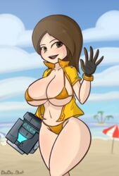 1girls arm_cannon beach bedroom_eyes big_ass big_breasts big_butt bikini bimbo breasts brown_eyes brown_hair busty cleavage dodo-bot dodobot female female_only gloves huge_breasts mii mii_gunner mii_gunner_(smash_ultimate) mob_face navel nintendo seductive seductive_eyes seductive_look seductive_smile skimpy_clothes solo string_bikini super_smash_bros. super_smash_bros._ultimate swimsuit thick_thighs thighs waving