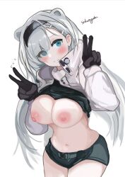 animal_ears arknights artist_request aurora_(arknights) blue_eyes blush breasts clothed double_peace_sign looking_at_viewer navel nipples shirt_lift shorts white_hair