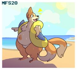 2020 2_tails anthro beach bodily_fluids breasts chubby_female cloud female feral floatzel genitals gesture matchesyashi multi_tail nintendo nipples nude pointing pokémon_(species) pokemon pussy sand seaside shoreline solo sun surprised_face sweat thick_thighs tongue video_games