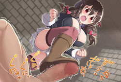 1boy blush bootjob boots bow braid breasts brown_hair censored clenched_hands commentary denki_anma female footjob french_braid hairbow highres indoors konboi-eg kono_subarashii_sekai_ni_shukufuku_wo! large_breasts mosaic_censoring open_mouth panties pantyshot penis pink_legwear red_eyes shoejob sweatdrop thighhighs twintails underwear white_panties yunyun_(konosuba)