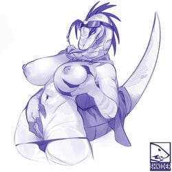 1:1 2020 3_fingers anthro big_breasts breast_grab breasts cape claws clitoris clothing digital_media_(artwork) dinosaur dromaeosaurid eyewear female fingers genitals goggles goggles_on_head hand_on_breast head_spikes hi_res holding_breast narrow_waist navel nipple_piercing nipples non-mammal_breasts panties panties_down piercing portrait pussy reptile scalie shnider simple_background solo spikes standing teeth theropod three-quarter_portrait underwear underwear_down wide_hips