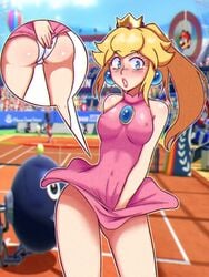 1girls ass bare_shoulders blonde_hair blue_eyes blush breasts brooch butt clothed clothing crown dress dress_tug earrings embarrassed erect_nipples eyebrows_visible_through_hair female female_only light-skinned_female light_skin lips lipstick looking_at_viewer mario_(series) mario_tennis medium_breasts minidress moursho nintendo nipples_visible_through_clothing outdoors outside pale-skinned_female pale_skin panties pearl_earrings ponytail princess_peach screenshot_background skimpy skimpy_clothes solo solo_female speech_bubble teeth tennis_dress thick thick_thighs thighs tied_hair upskirt white_outline white_panties wide_eyed wide_hips wind_lift