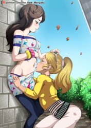 2girls chloe_bourgeois clara_nightingale day dominatrix miraculous_ladybug multiple_girls outdoors slave the_dark_mangaka yuri