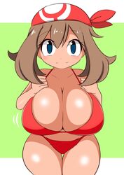 bikini blue_eyes breasts brown_hair cleavage large_breasts looking_at_viewer may_(pokemon) nintendo pokemon smile smiling_at_viewer sugaru thick_thighs wide_hips