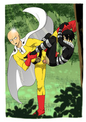 2boys anal anal_sex bald black_hair bodysuit cape clothed clothing femboy gay hand_on_penis handjob kita_makura male male/male male_only male_penetrating muscles muscular muscular_male one-punch_man pubic_hair ripped_clothing saitama short_hair speed-o'-sound_sonic tight_clothing torn_bodysuit yaoi