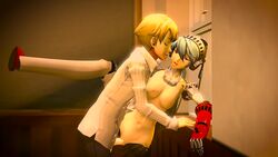 1boy 1girls 3d against_wall amateurthrowaway android animated asian asian_male blue_eyes blue_hair breasts clothed_male_nude_female kissing labrys leg_up no_sound persona persona_4 persona_4_arena red_eyes robot sex teddie video