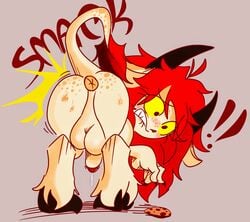 anthro anus ass backsack balls bovid caprine cookie food freckles genitals goat hair hi_res horn jiggle male mammal penis pinkeyesoda raised_tail red_hair solo spanking surprise yellow_eyes