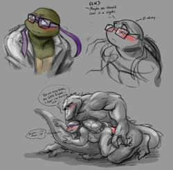 anal anthro blush clothing coat crocodile crocodilian crocodylid donatello duo english_text erection eyewear genitals glasses hi_res lab_coat leatherhead male male/male mask muscular muscular_male penis plastron reptile scalie sex size_difference teenage_mutant_ninja_turtles text topwear turtle