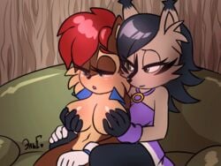 2d 2girls 4:3 4:3_aspect_ratio animated anthro anthro_on_anthro anthro_only archie_comics big_breasts black_hair blush breast_fondling breast_grab breasts brown_body brown_fur chipmunk clothing couch dress duo felid feline female female_only frame_by_frame fur furniture furry furry_only gloves grabbed_from_behind grope groping ground_squirrel hair hand_on_breast handwear krazyelf large_breasts looking_pleasured lynx mammal multicolored_body multicolored_fur multiple_girls nicole_the_lynx nipples open_mouth open_vest pleasured reach_around red_hair rodent sally_acorn sciurid short_playtime sitting smile sofa sonic_(series) sonic_the_hedgehog_(archie) sonic_the_hedgehog_(comics) sonic_the_hedgehog_(series) topwear two-tone_fur two_tone_body two_tone_fur vest yuri