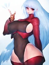 1girls alternate_breast_size blue_hair breasts female female_only fumio_(rsqkr) king_of_fighters kula_diamond large_breasts long_hair nipples red_eyes solo thick_thighs thighhighs