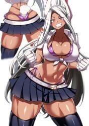 1girls abs big_breasts black_thighhighs bra bunny_ears cleavage clenched_teeth dark-skinned_female dark_skin eye_contact female female_only gloves huge_breasts huge_thighs long_hair looking_at_viewer miniskirt miruko muscular_female my_hero_academia purple_bra purple_thong red_eyes rumi_usagiyama school_uniform schoolgirl shinori smirk solo tanned thick_thighs thighhighs thighs thong uncensored very_long_hair white_hair wide_hips